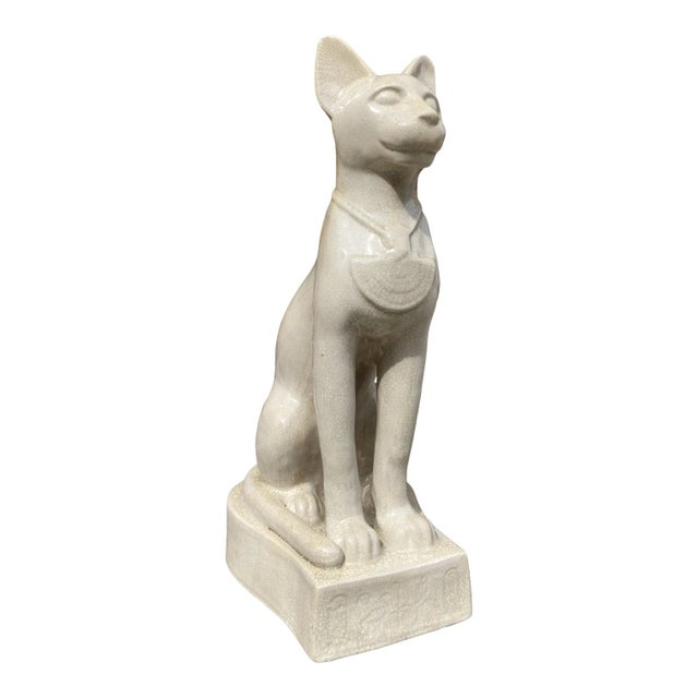 Traditional 1980s Egyptian Sphinx & Cat Statue in Crackle Glazed Porcelain - a Set For Sale - Image 3 of 13