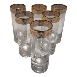 Murano Glass Medici Gold Rim Long Drink Glass Set, 1970s, Set of 6 For Sale