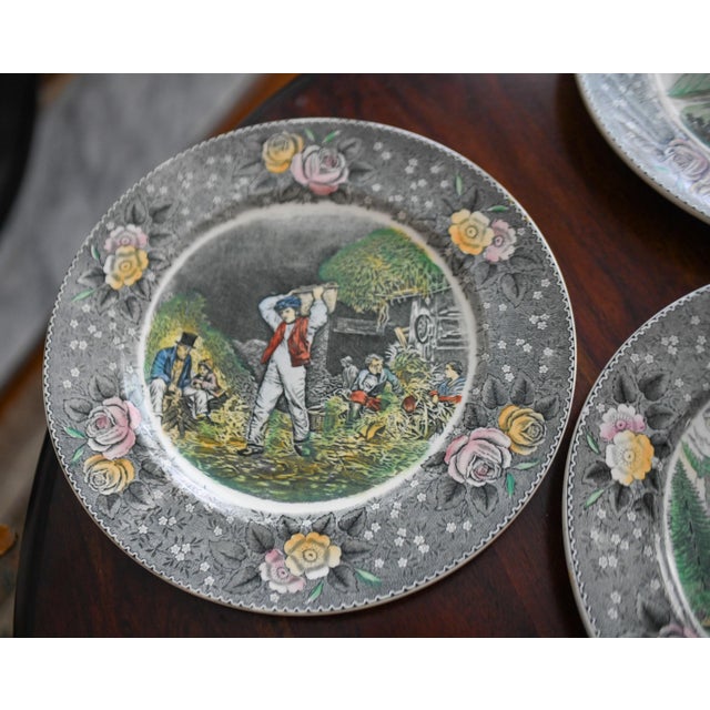 William Adams and Company 1930s Adams Currier and Ives Dinner Plates Gray Rose Border Vintage Americana Transferware - Set of 8 For Sale - Image 4 of 12
