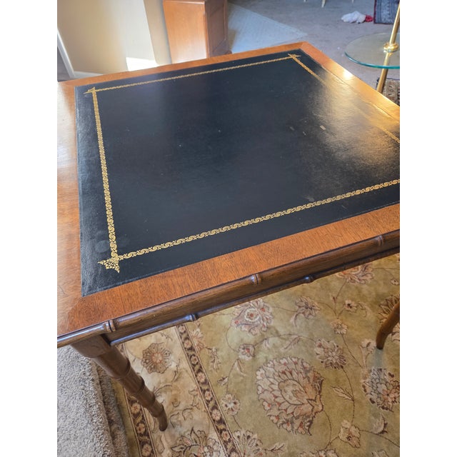 Vintage Drexel Faux Bamboo Chippendale Style Leather Top Game Table For Sale - Image 11 of 14