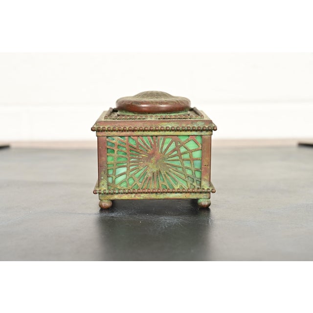 A gorgeous antique Arts & Crafts or Art Deco period gilt bronze and Favrile slag glass "Pine Needle" pattern inkwell By...