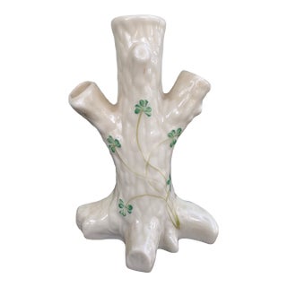 Vintage Belleek Ireland Shamrock Tree Trunk Bud Vase, Triple Opening Spill Vase For Sale