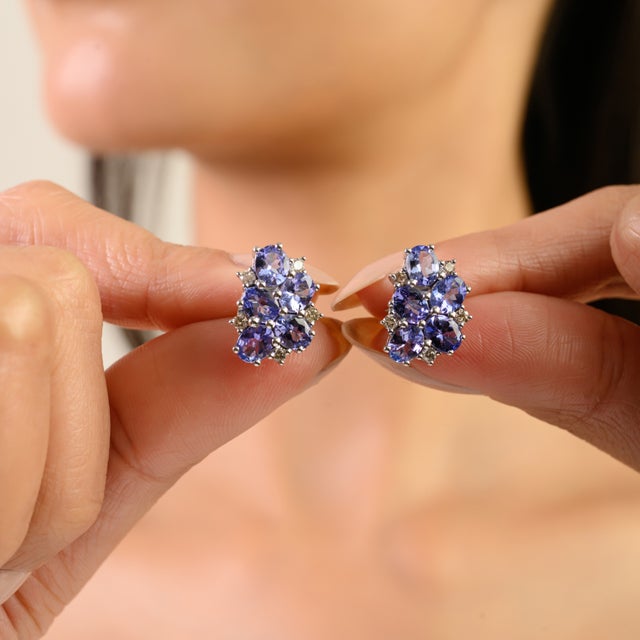 Blue Natural Tanzanite & Diamond Classic Cluster Stud Earrings in Sterling Silver- A Pair For Sale - Image 8 of 14