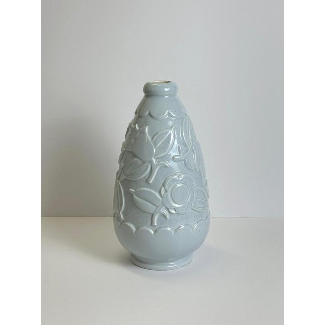 1930s Art Deco Pale Blue Faience Vase attributed to St Clement, France, 1930s For Sale - Image 5 of 10