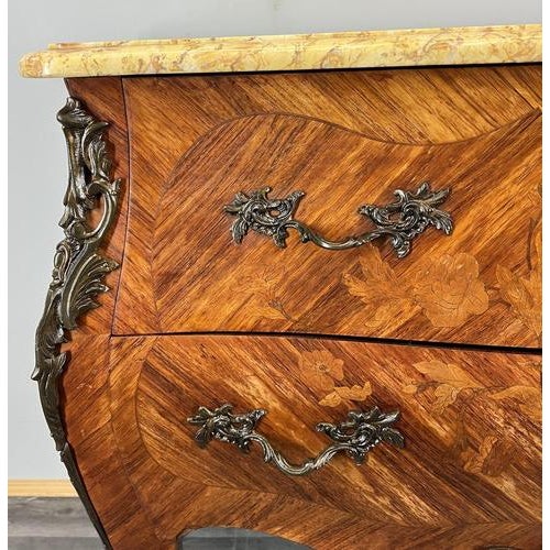 Metal Antique French Walnut Bombe Chest of Drawers with Marble Top For Sale - Image 7 of 17