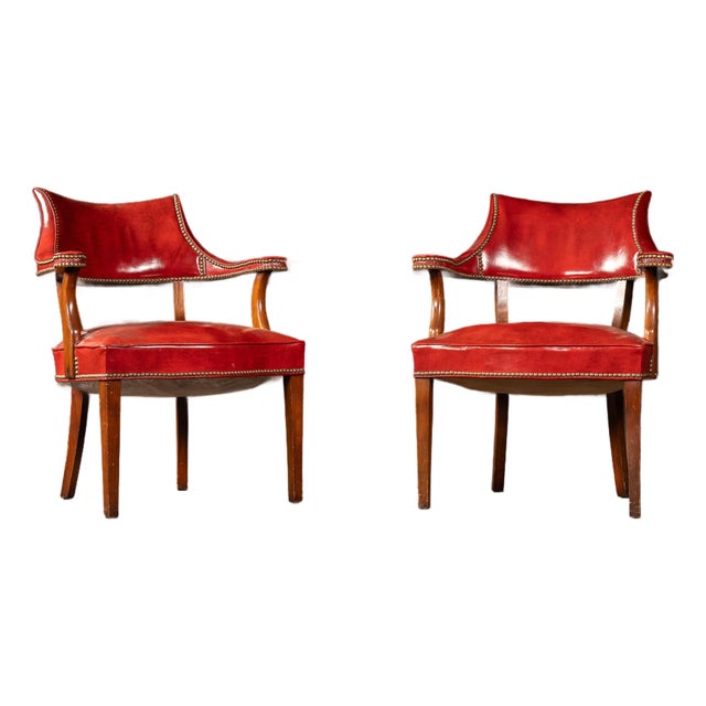 Mid 20th Century Pair of Brass Nailhead Leather Captain’s Armchairs in Burnt Orange For Sale