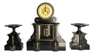 Antique French Bronze and Marble Clock, 1890s, Set of 3
