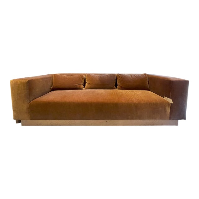 Custom 8' Cisco Tight Back Pumpkin Sofa on Burl Plinth For Sale