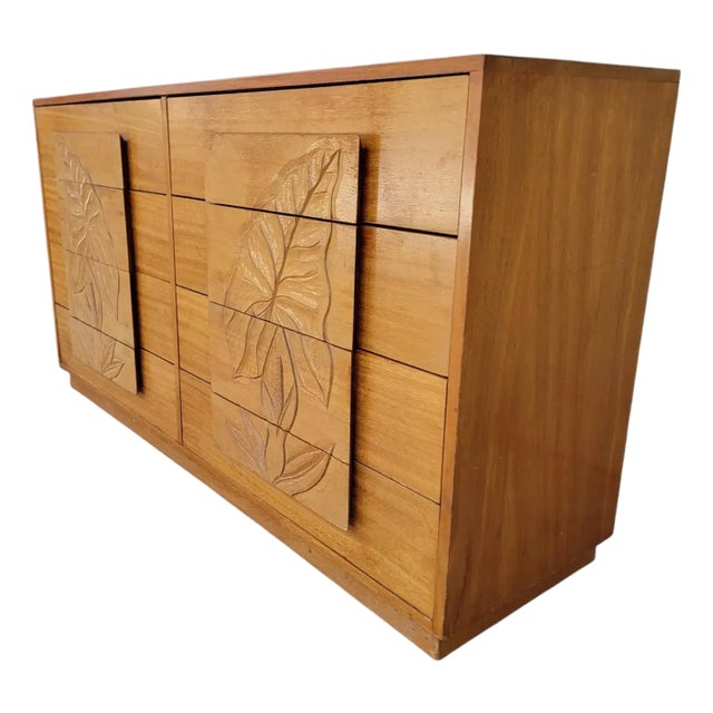 Mid-Century Modern Hawaiian Style Dresser With Relief Carved Tropical Foliage 1950's For Sale