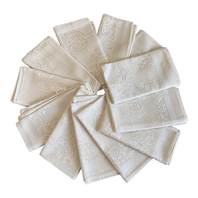 Vintage Cotton Damask Napkins Floral Jacquard Table Linens Set of 12 For Sale