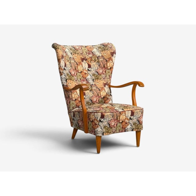 Swedish Modern, Wingback Lounge Chair, Birch, Fabric, Sweden, 1950s For Sale - Image 4 of 12