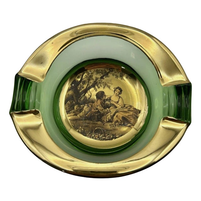 Vintage Italian Romeo & Juliet Ashtray Trinket Dish Green Glass With Gold 1950 For Sale