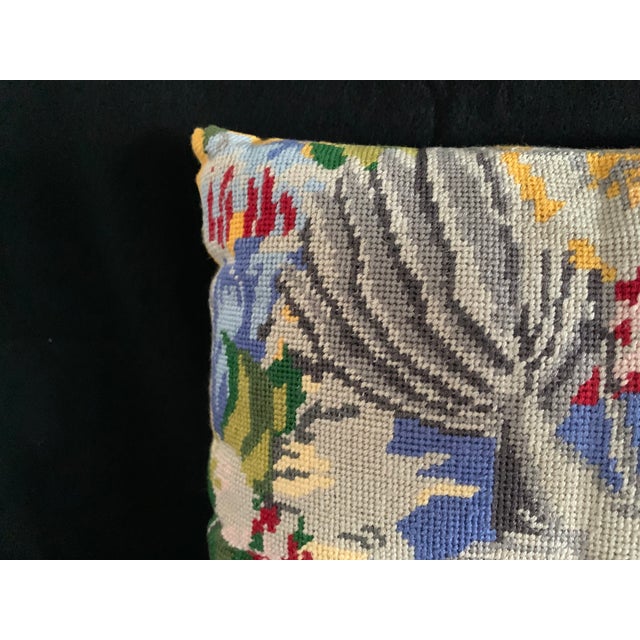 Jacobean Vintage Handmade Wool Needlepoint Throw Pillow Jacobean Birds Flowers Sateen Back For Sale - Image 3 of 7