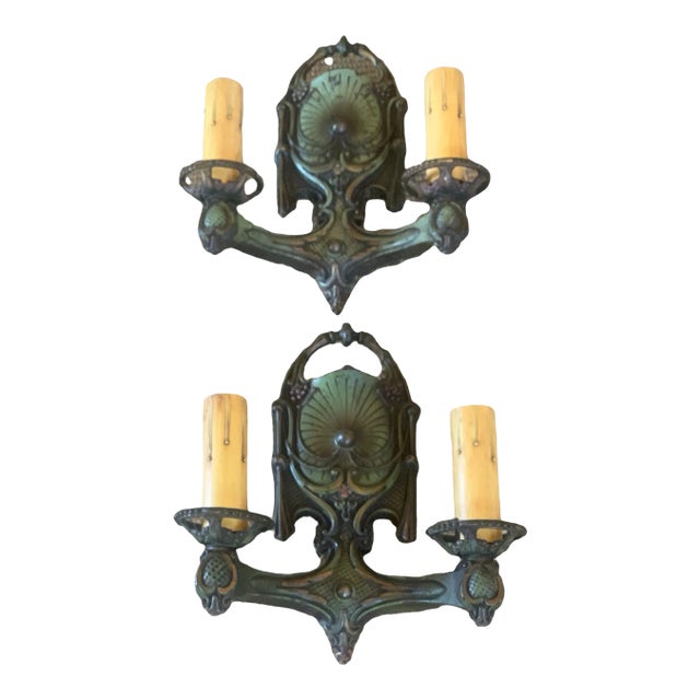 1920s Traditional Cast Iron and Polychrome Paint Drape, Leaves and Berries Wall Sconces - a Pair For Sale