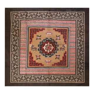 1900s Tan Camel Medallion Antique N. Chinese Mongolian Rug 11'10" X 12'2" Handknotted Wool Carpet For Sale