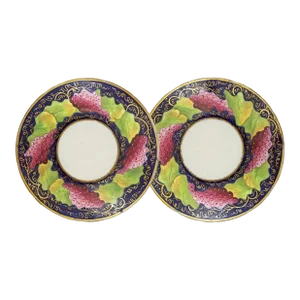 Early 19th Century Georgian Grapevine Pattern Porcelain Dish Bowl Saucer Puce Green Gold - a Pair
