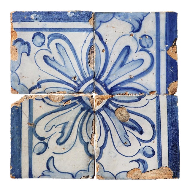 18th Century Portuguese Set of Four Tiles Blue & White Floral Geometric Panel Antique Hand Painted For Sale