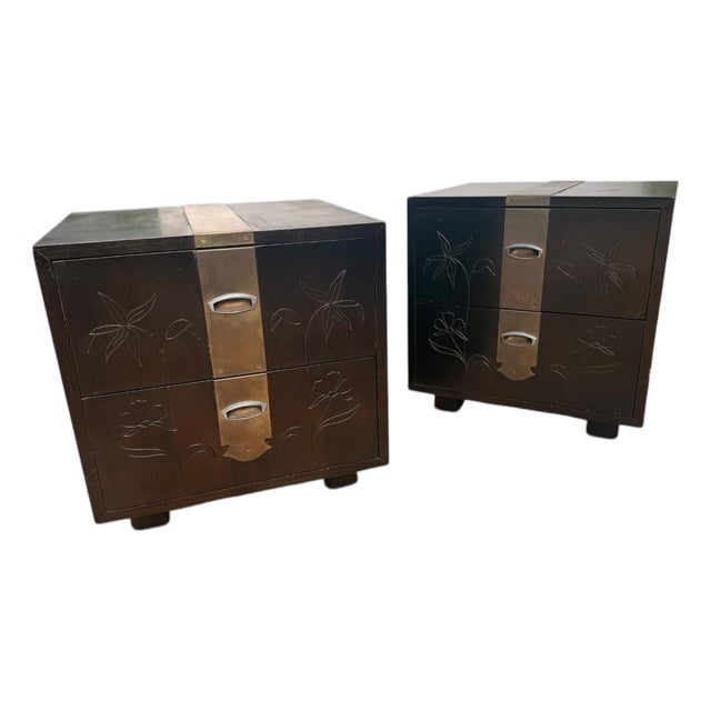 1970s Henredon Asian Modern Two-Drawer Nightstands With Brass Accents – A Pair For Sale