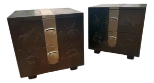 1970s Henredon Asian Modern Two-Drawer Nightstands With Brass Accents – A Pair
