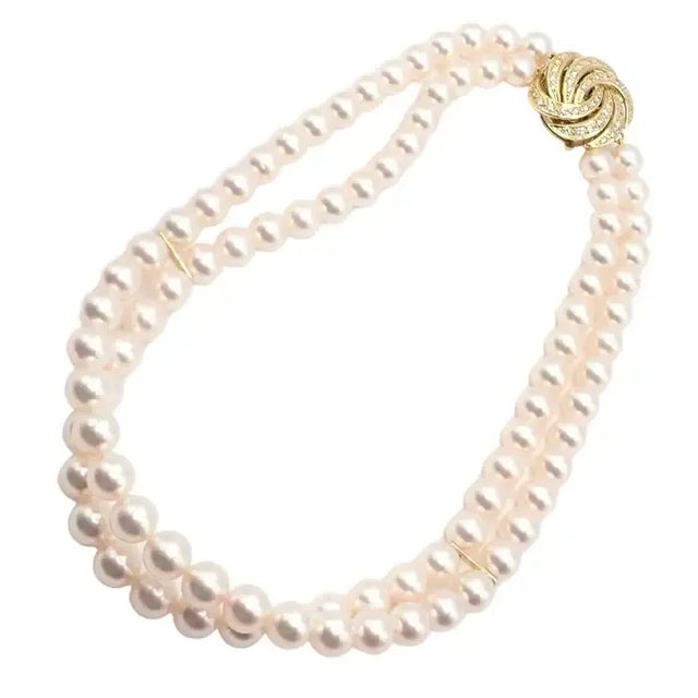 1990s Mikimoto Diamond Double Strand 8mm Cultured Pearl 18k Yellow Gold Necklace For Sale - Image 4 of 12