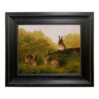 Bunnies in the Field Framed Print on Canvas in Distressed Black Wood Frame. 11.5" X 13.5" For Sale