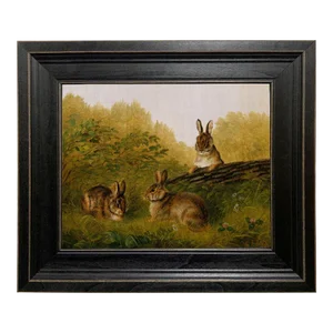 Bunnies in the Field Framed Print on Canvas in Distressed Black Wood Frame. 11.5" X 13.5"