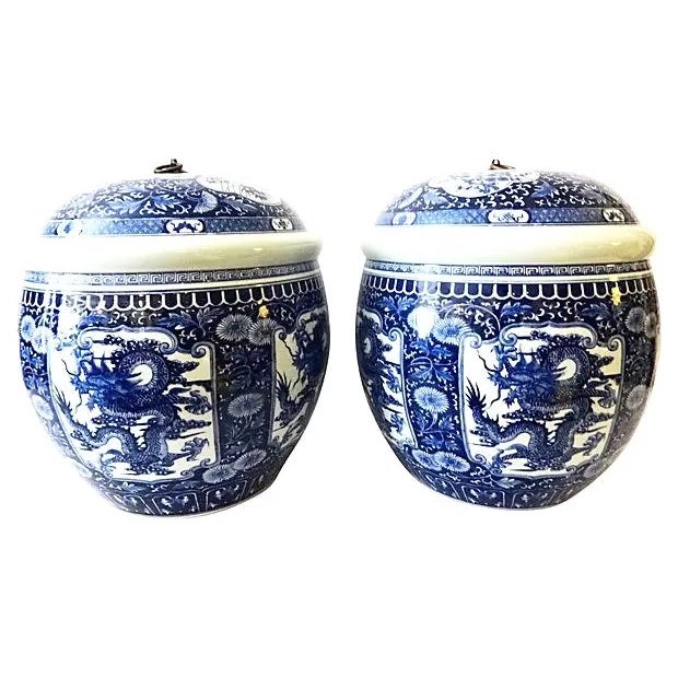 Vintage Large Blue and White Porcelain Dragon Ginger Jars S/2 For Sale - Image 4 of 7