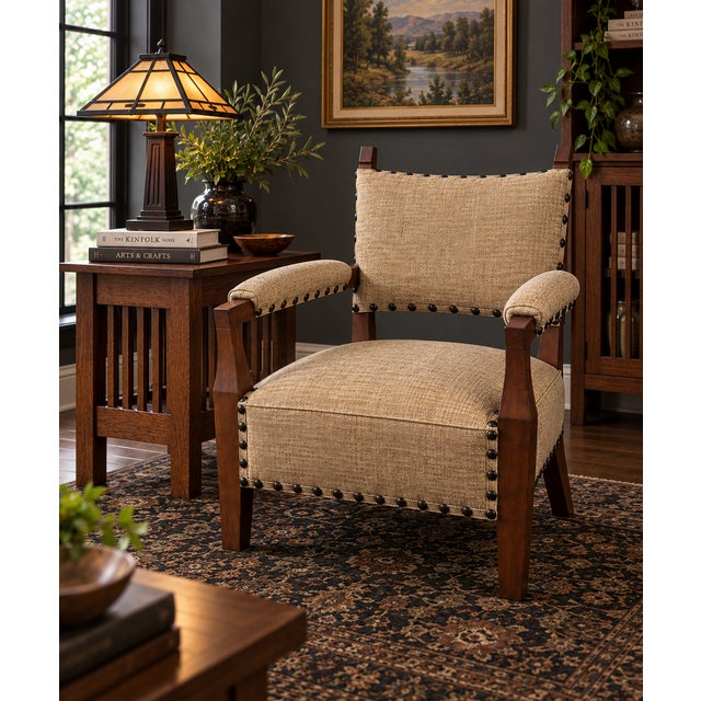 Mid-Century Mission Arts & Crafts Wood Upholstered Armchair With Nailhead Trim For Sale - Image 11 of 17