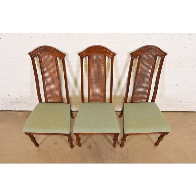 1970s Henredon Style Mid-Century Hollywood Regency Carved Oak and Cane Bamboo Form High Back Side Chairs or Dining Chairs, Set of Three For Sale - Image 5 of 12