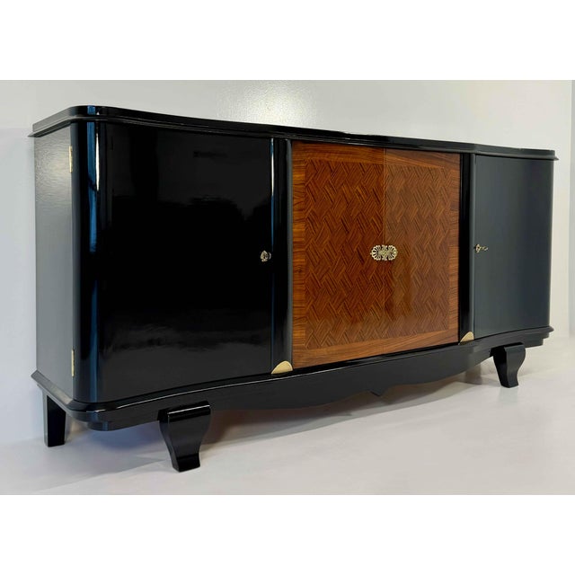 Jules Leleu French Art Deco Black Lacquered and Inlaid Walnut Sideboard in the style of Jules Leleu, 1940s For Sale - Image 4 of 15