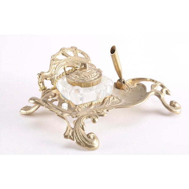 Vintage Solid Brass and Glass Inkwell | Chairish