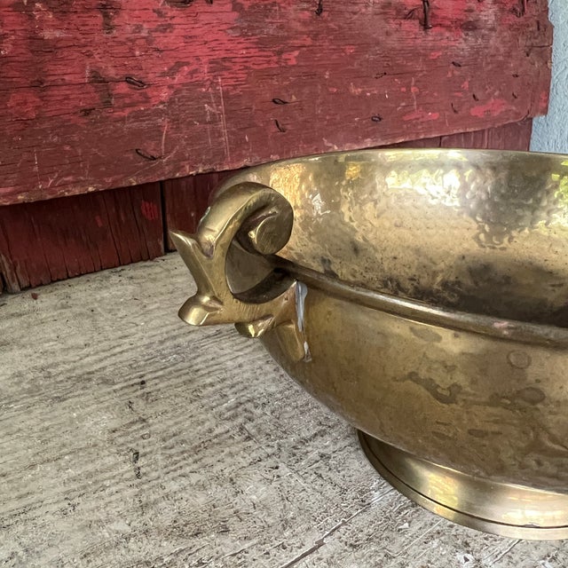 Asian Antique Vintage Hammered Brass Footed Compote Bowl With Handles For Sale - Image 3 of 8