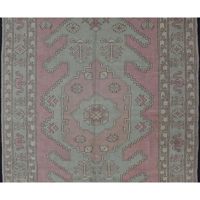 Green Turkish Oushak Rug in Soft Rose and Sage Green With Geometric 6'6 X 9'9 For Sale - Image 8 of 16