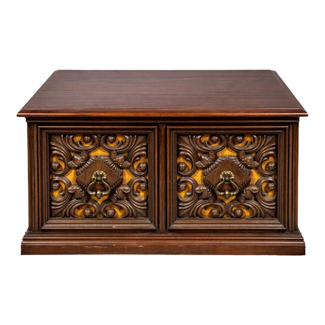 Mid 20th Century Pair of Spanish Revival Carved Walnut Nightstands With Velvet Backed Doors and Brass Ring Pulls For Sale