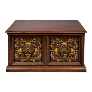 Mid 20th Century Pair of Spanish Revival Carved Walnut Nightstands With Velvet Backed Doors and Brass Ring Pulls