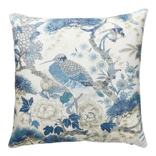 The House of Scalamandré Shenyang Linen Print Pillow, Porcelain For Sale