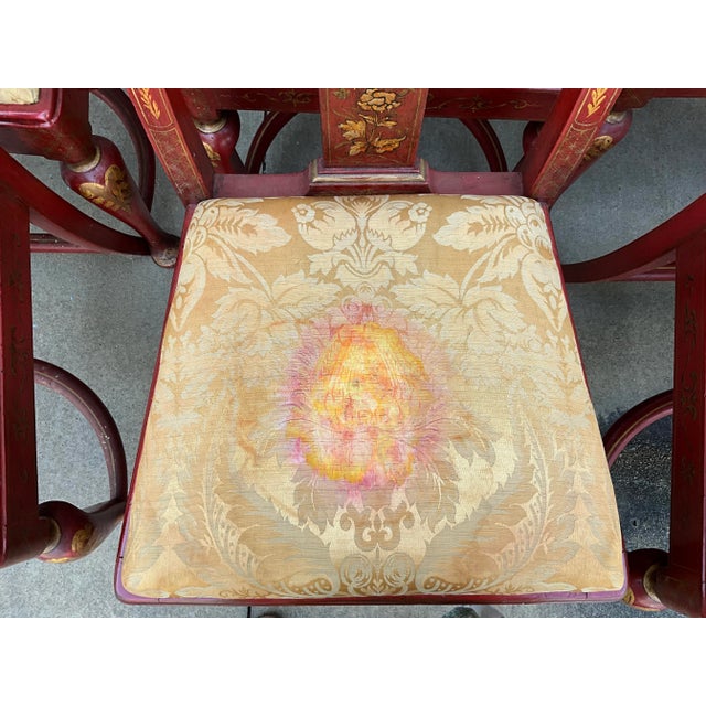 Wood Early English Georgian Queen Anne Style Red & Gilt Chinoiserie Dining Chairs -S/10 For Sale - Image 7 of 13