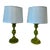 Pair of Vintage Tole Chartreuse Lamps With Light Blue Linen Shades For Sale