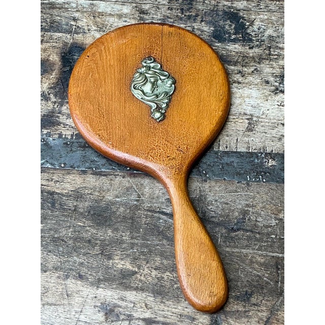 Art Nouveau Vintage Art Nouveau Carved Wood Handheld Mirror For Sale - Image 3 of 12