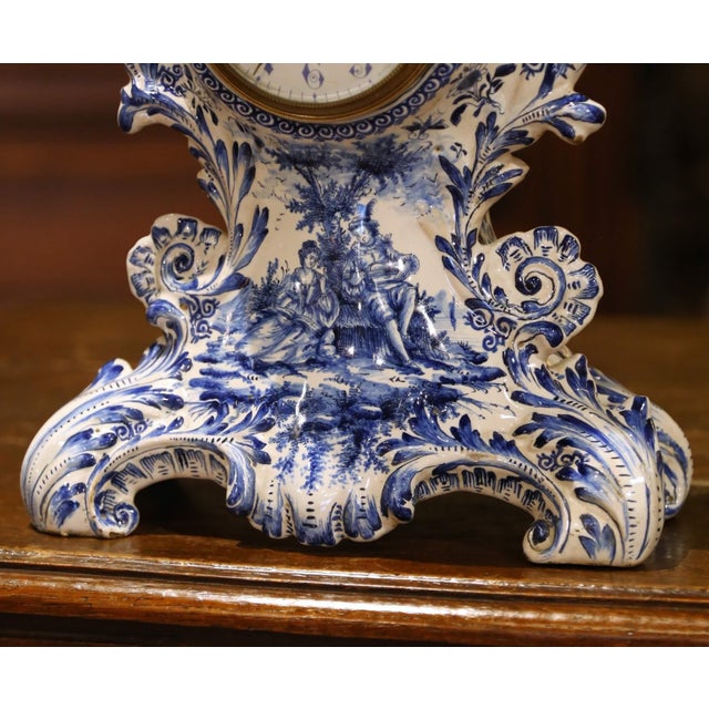 19th Century French Delft Blue and White Faience Mantel Clock With Windmill Scene For Sale - Image 4 of 11
