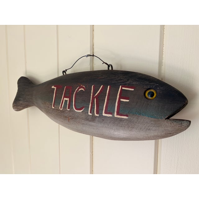Vintage New England-Style Hand-Carved Fish Bait & Tackle Folk Art Sign For Sale - Image 9 of 13