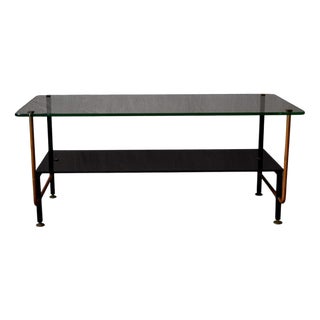 Modernist Asymmetric Black and Gold Console or Coffee Table in Glass and Brass, France, 1950s For Sale