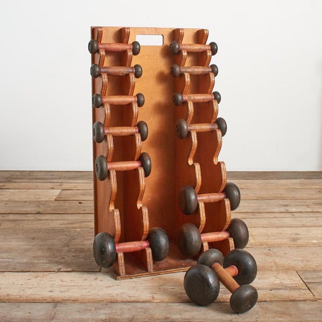 Antique French Wood and Cast Iron Dumbbell Exercise Weight Set, 1950s, Set of 17 For Sale - Image 10 of 10