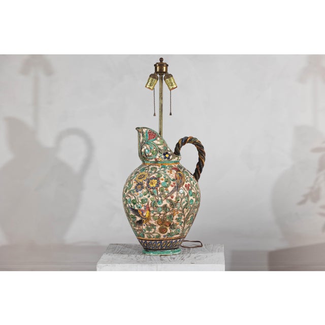 Mid 20th Century Majolica-Style Mid-Century Modern Ceramic Table Lamp with Birds and Floral Motifs For Sale In New York - Image 6 of 12