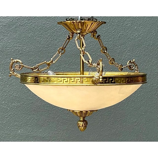Mid 20th Century Vintage Metal and Glass Greek Key Pendant Light For Sale - Image 5 of 12