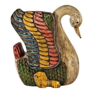 Late 20th-Century Mexican Hand-Carved Painted Wood Swan Sculpture, Folk Art 15" For Sale
