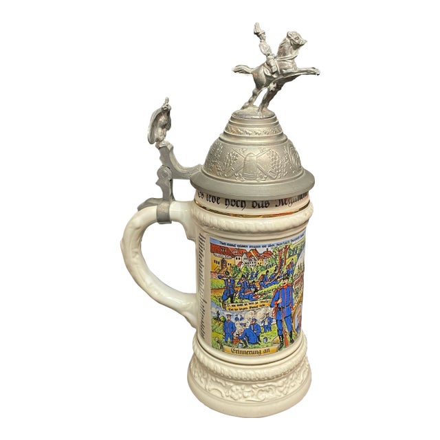 A Vintage Gerzit German Beer Stein With Elaborate Pewter Lid. For Sale
