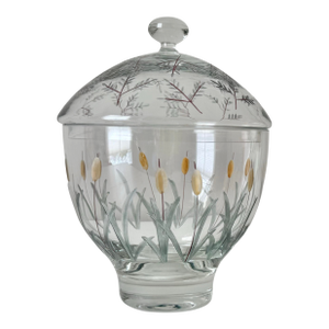 Mid 20th Century Hand Painted Etched Glass Cattails Motif Lidded Glass Dish