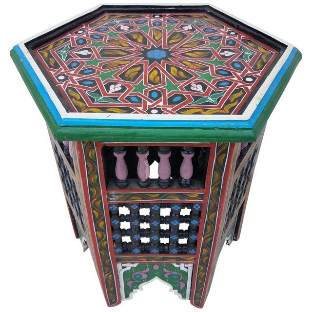 Paint Moroccan Hexagonal Hand Painted Wooden End Table For Sale - Image 7 of 7