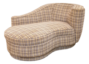 Vintage Post Modern Plinth Base Beige Tweed Fabric Chaise Sofa Lounge Chair